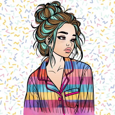 realistic woman with pajamas on and a messy bun