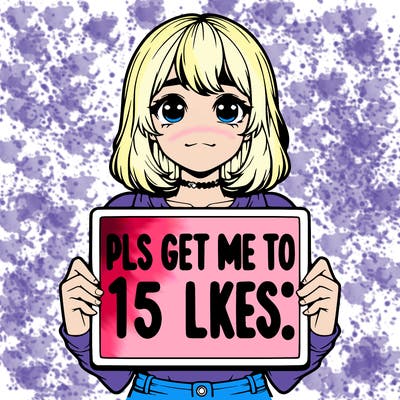 realistic girl holding up a sign that says “pls get me to 15 likes!”