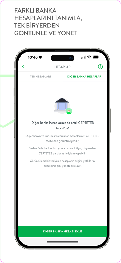 CEPTETEB - Oberfläche der CEPTETEB-Mobil-App, die die Funktion zur Verwaltung und Anzeige von Konten verschiedener Banken an einem Ort zeigt