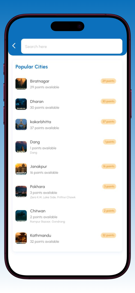 Mero Seat - Mero Seat app screen displaying popular cities in Nepal for travel booking