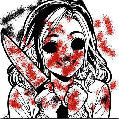 a realistic girl holding a knife and grinning