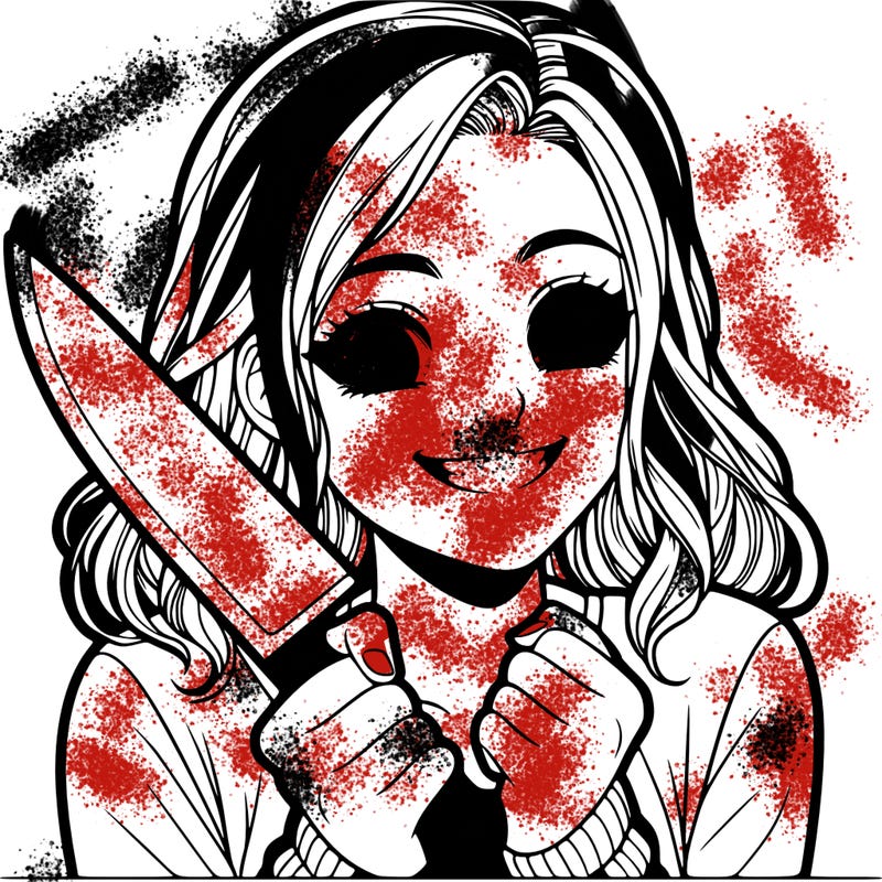 a realistic girl holding a knife and grinning
