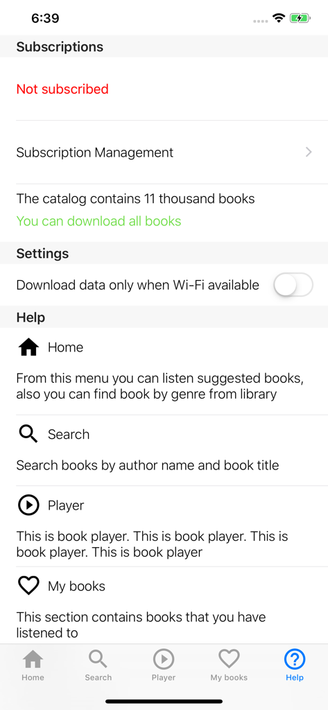Menú de ayuda y configuración de la aplicación Audiolibros en ruso que muestra el estado de la suscripción y guías de navegación.