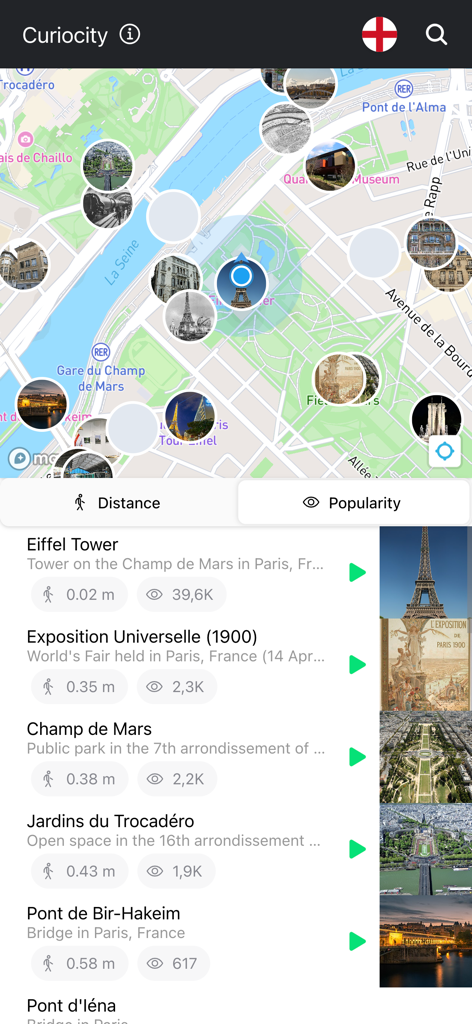 Curiocity mobile app screen displaying a map of Paris with nearby attractions and a list showing distances and popularity