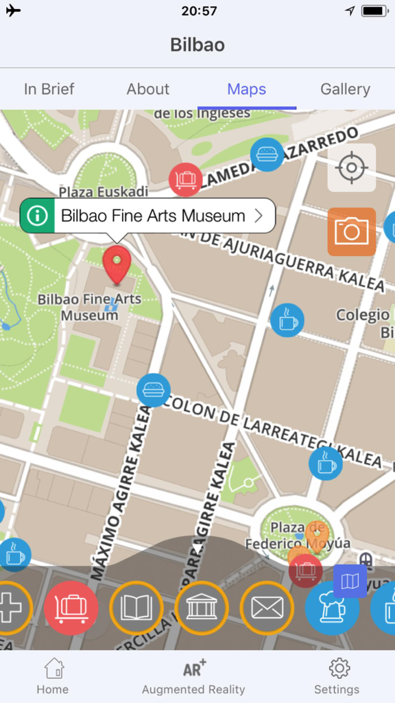 Bilbao Travel Guide Offline - Interfaz de mapa offline que muestra el Museo de Bellas Artes de Bilbao y otras atracciones
