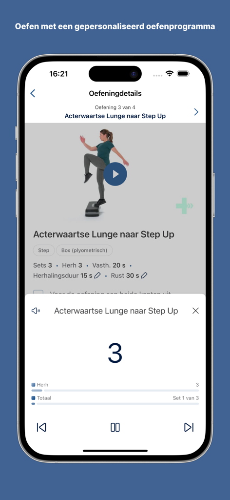 FBTO Online Fysio - Interfaz de la aplicación Fisioterapia Online FBTO mostrando un tutorial en video y un temporizador para un ejercicio de fisioterapia