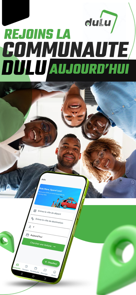 Dulu - A group of smiling people above a smartphone showing the Dulu carpooling app interface