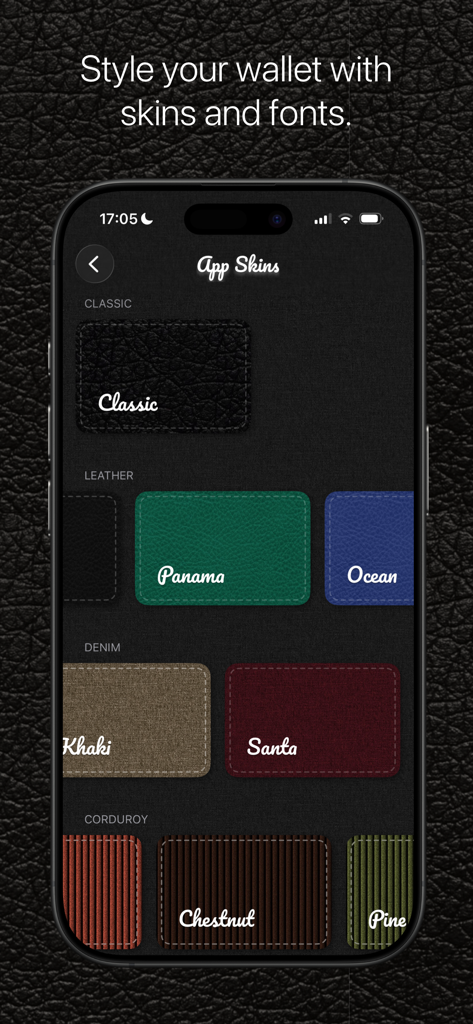Wally - Digital Wallet - Wally 디지털 지갑 앱 화면이 가죽, 데님, 코듀로이 질감을 포함한 다양한 맞춤형 재질 스킨을 보여줍니다.