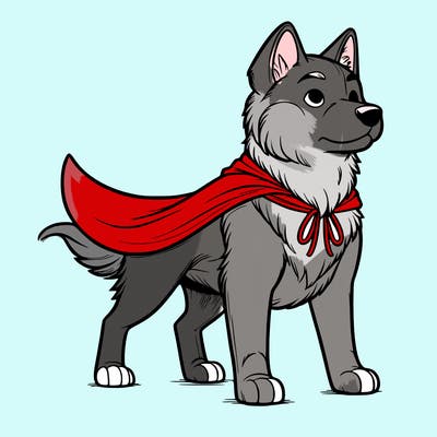 realistic dog with cape on back standing on two legs