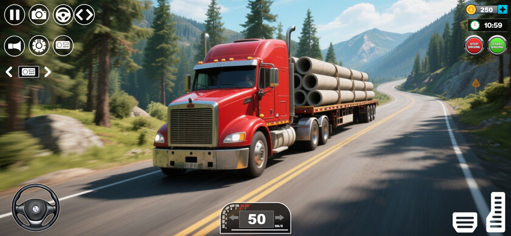 American Truck Driving Game 3d - Red semi-truck hauling concrete pipes on a scenic mountain road in a 3D truck driving simulation game.