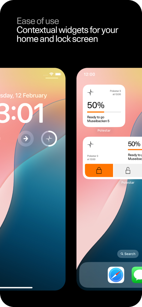 Polestar - Polestar mobile app widgets on iPhone home and lock screens showing battery percentage and vehicle controls