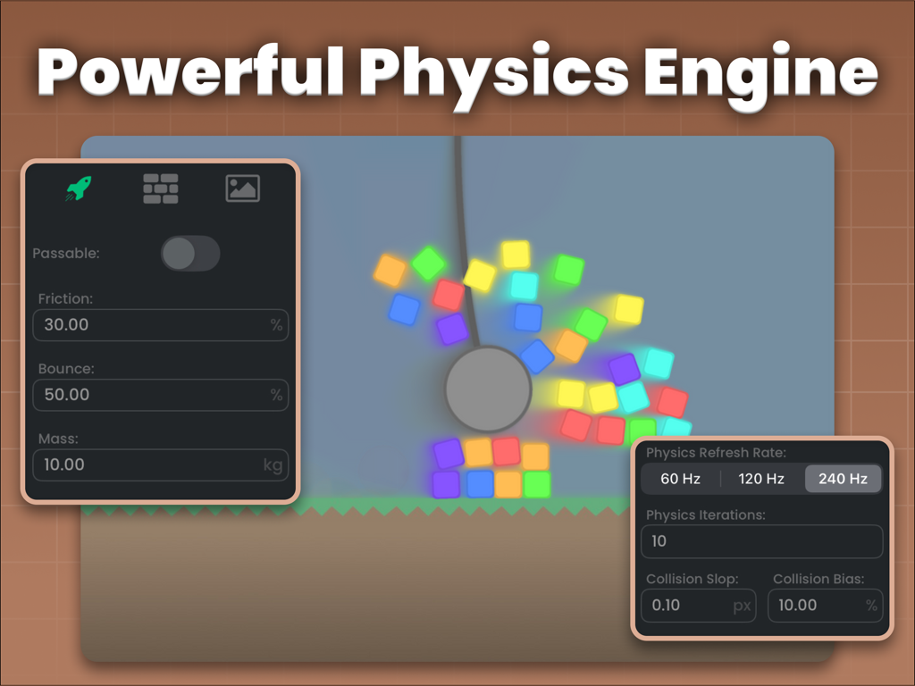 Interface of the hyperPad physics engine showing adjustable parameters for friction, bounce, and mass on an iPad screen.