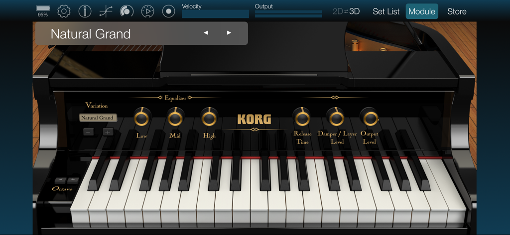 Interface do aplicativo KORG Module exibindo o som do piano Natural Grand com botões virtuais e teclado