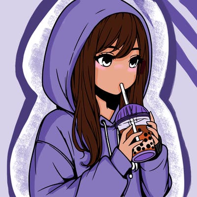 realistic girl in a big hoodie drinking boba