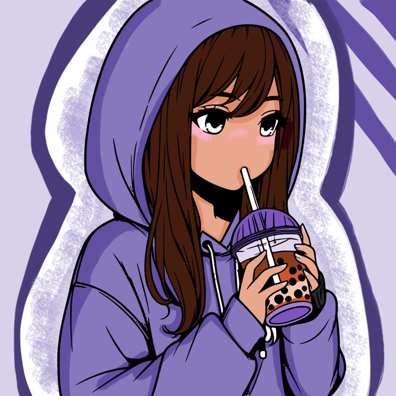 realistic girl in a big hoodie drinking boba