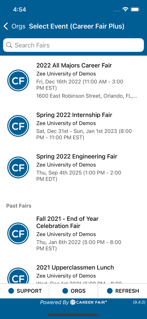 Career Fair Plus - Mobile app screen displaying upcoming and past university career fairs