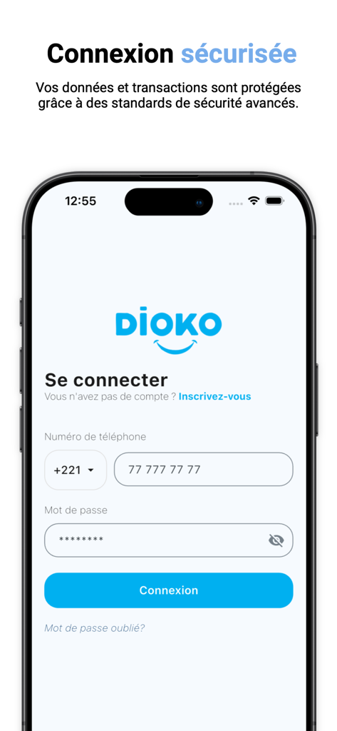Dioko by JOTALI - Secure login screen of the Dioko money transfer app showing phone number and password entry fields