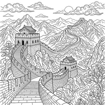 Unleash your creativity with this magnificent Great Wall of China coloring page. Explore intricate details of ancient architecture and breathtaking landscapes, perfect for adult colorists seeking a historical adventure.