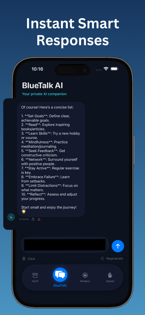 BlueTalk AI - A smartphone showing the BlueTalk AI chat interface with a detailed list of self-improvement tips and a secure navigation bar.