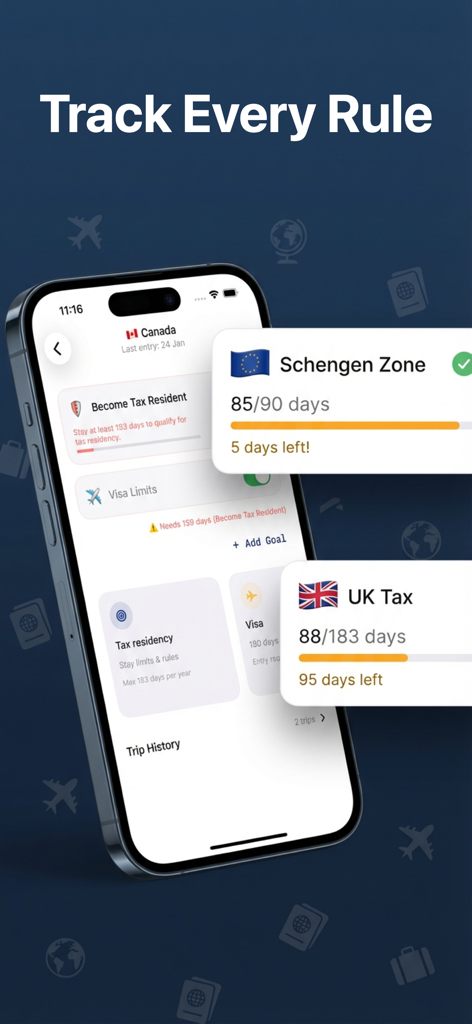 Residency: Visa Day Tracker - Mobile app interface of Residency showing Schengen and UK tax day tracking progress bars