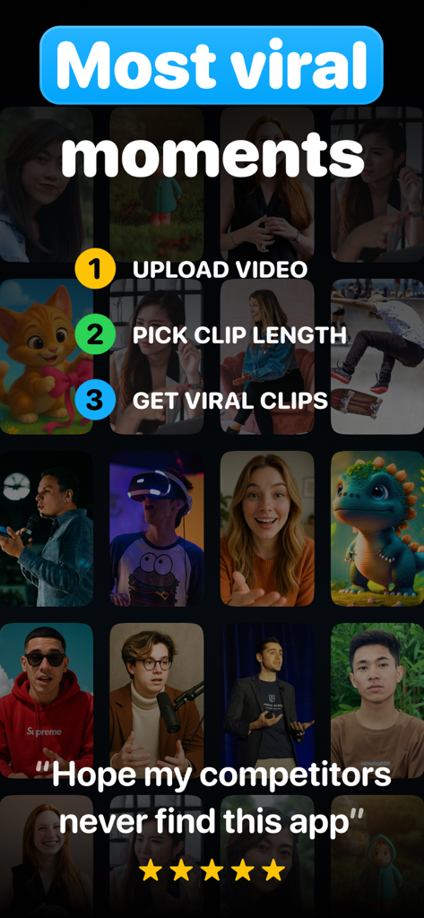 Shortify. Create short clip - Shortify app interface showing three steps to create viral short clips from long videos