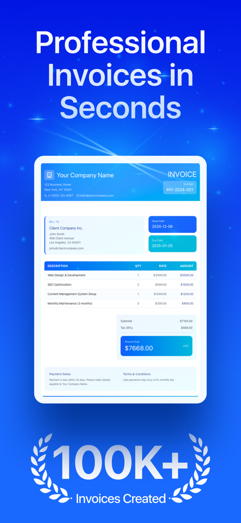 Una plantilla de factura profesional de la interfaz de la aplicación InvoiceGo que muestra los servicios facturados y el hito de más de 100.000 facturas creadas