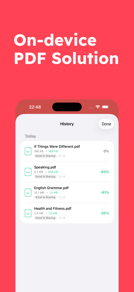 Compress PDF Files — TinyPDF - iPhone-Bildschirm, der die TinyPDF-Verlaufsseite mit einer Liste komprimierter Dateien und ihren Reduzierungsprozentsätzen anzeigt.