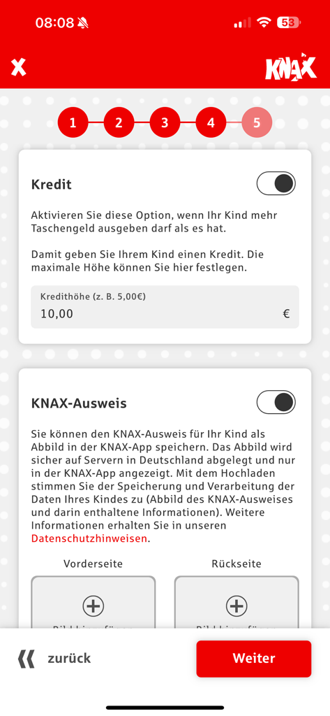Settings screen in the KNAX allowance app for configuring credit limits and digital ID options
