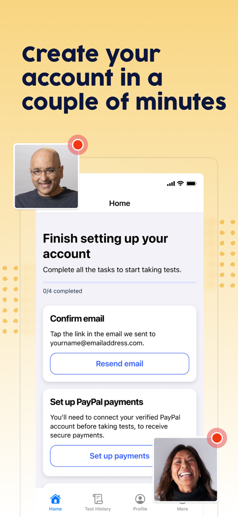 A mobile screen showing the UserTesting app account setup process including email confirmation and PayPal payment setup