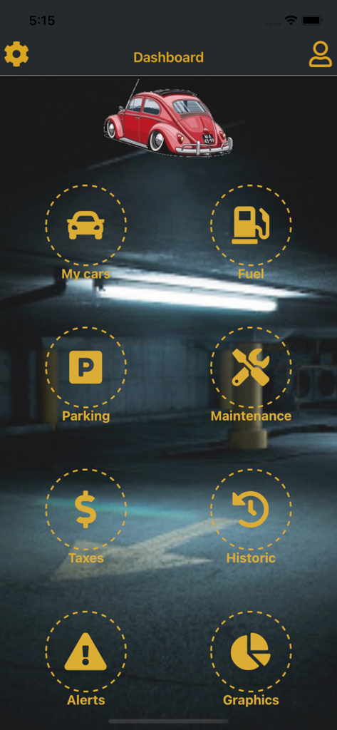 My Garage: Cars Expenses - Main dashboard of the My Garage app displaying icons for tracking fuel maintenance taxes and other vehicle expenses