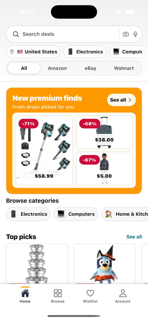 Camel Camel Camel Deals - Home screen of the Camel Camel Camel Deals app showing top discounted products and shopping categories.