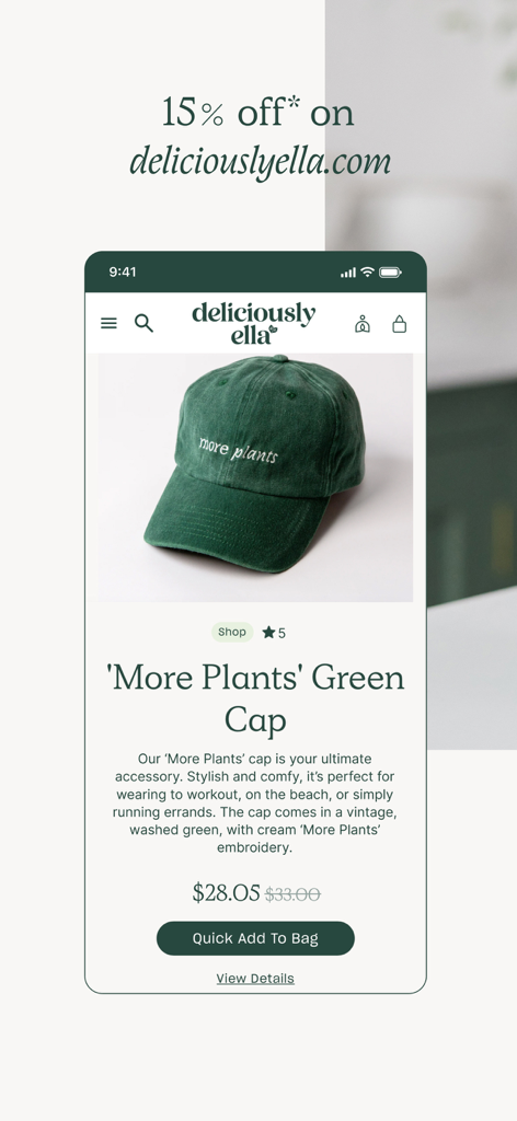Mobile app screen displaying a vintage green baseball cap with more plants embroidery and a discount offer