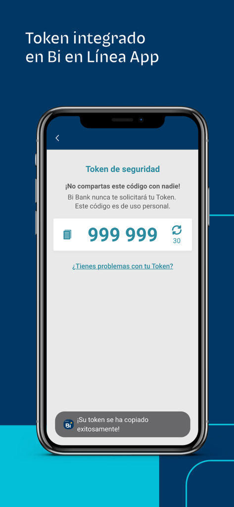 Bi en Línea PAN - Captura de pantalla de la aplicación móvil Bi Bank Panamá que muestra la pantalla del token de seguridad integrado con un código de verificación numérico