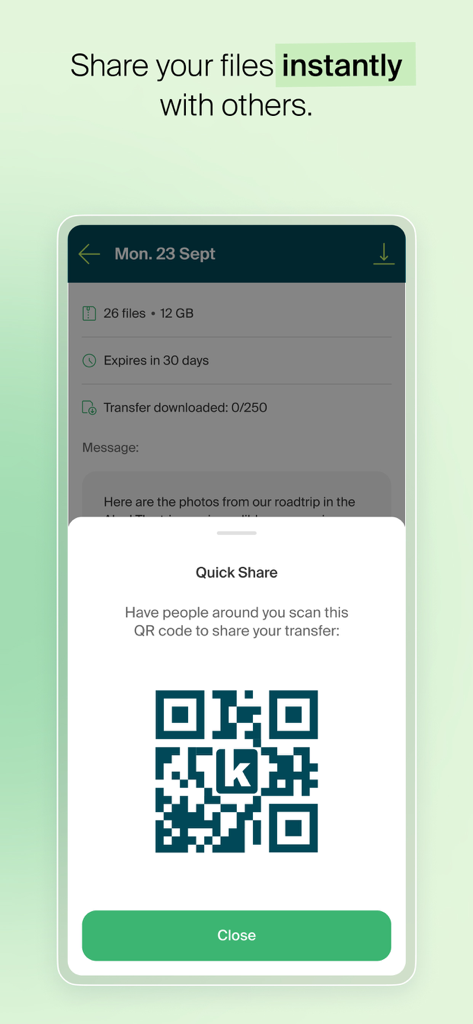 Infomaniak SwissTransfer app interface showing a QR code for instant file sharing