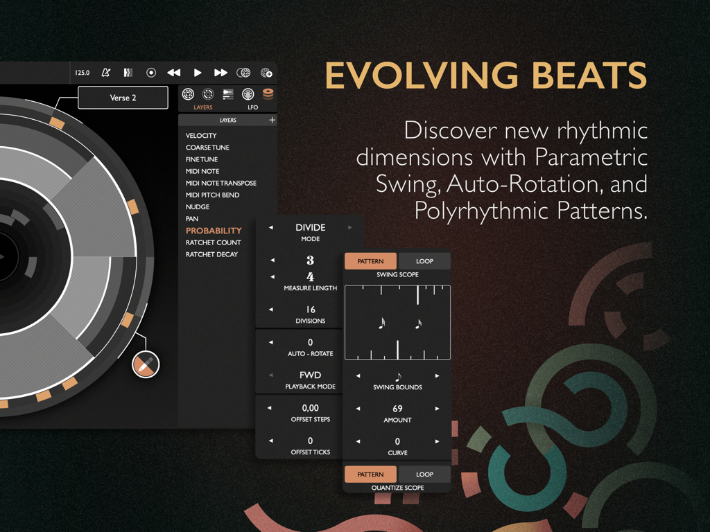 Patterning 3 : Drum Machine - Circular sequencer interface of the Patterning 3 app showing evolving beats and parametric swing settings