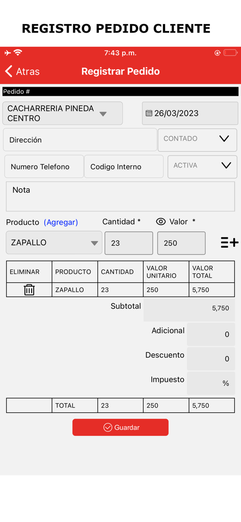 Interfaz de La Diaria App que muestra una pantalla de registro de pedidos de cliente con artículos, cantidades y totales
