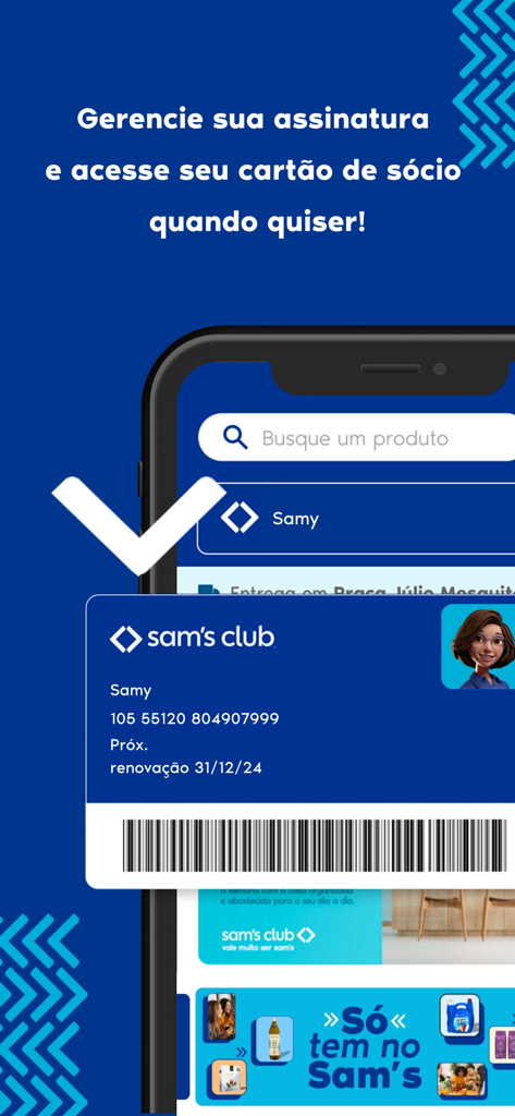 Digital membership card within the Sam's Club Brasil mobile app showing member details and a scan barcode.