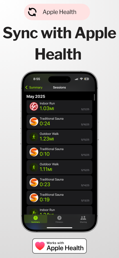 iPhone display showing sauna and workout sessions integrated with Apple Health