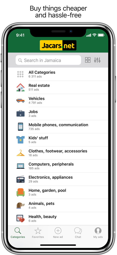 Jacars mobile app interface displaying classified categories in Jamaica like real estate and vehicles