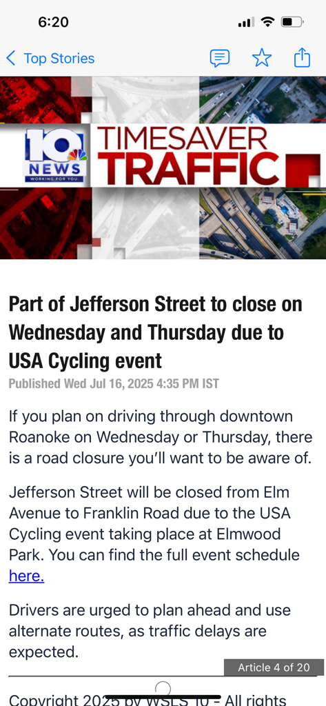 WSLS 10 News - Roanoke - WSLS 10 News article reporting on Jefferson Street road closure in Roanoke for a cycling event