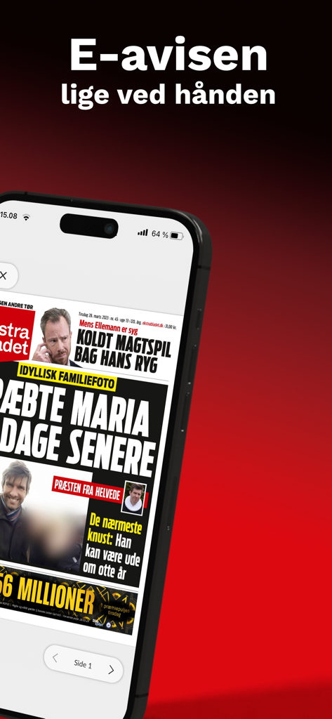 Una pantalla de smartphone que muestra la portada de la aplicación Ekstra Bladet e-Avis con titulares de noticias danesas