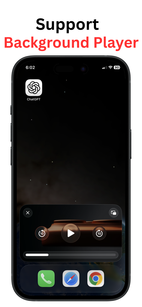 Pip For Youtube - - iPhone home screen showing the YouTube background player overlay for multitasking