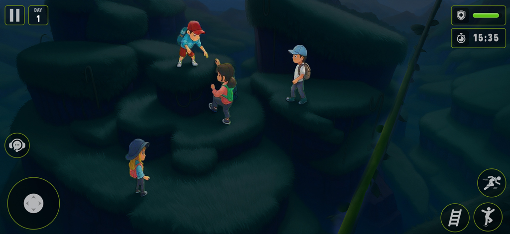 Peak Climb Escape Journey Game - Group of hikers climbing a dark grassy mountain in Peak Climb Escape Journey Game