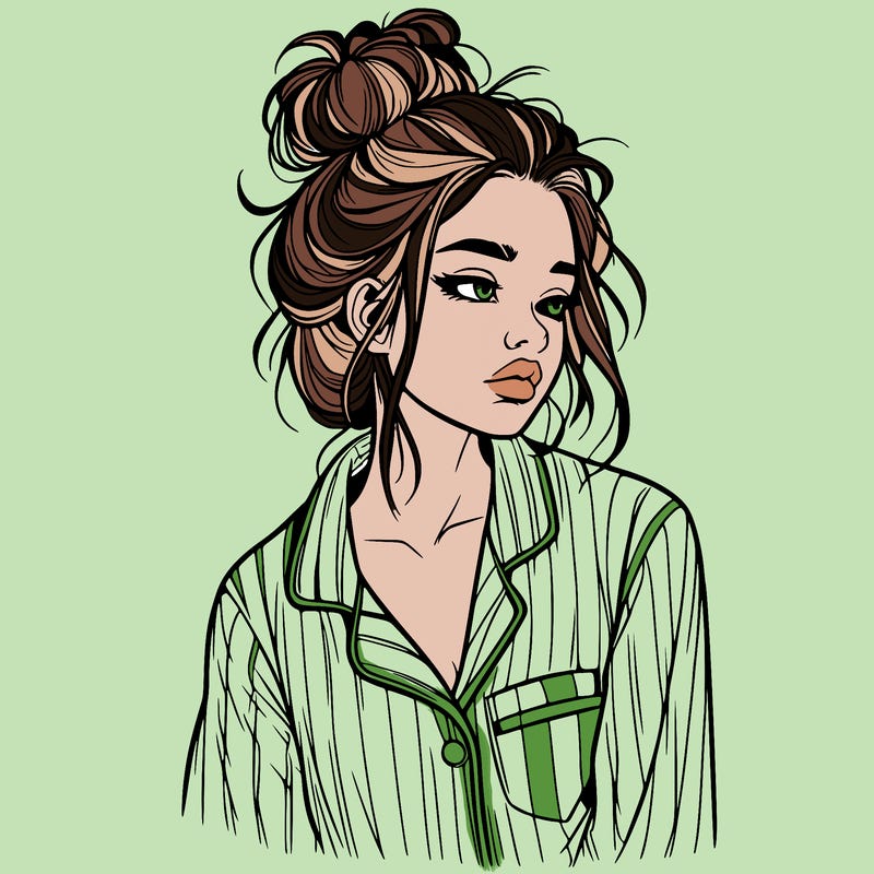 realistic woman with pajamas on and a messy bun