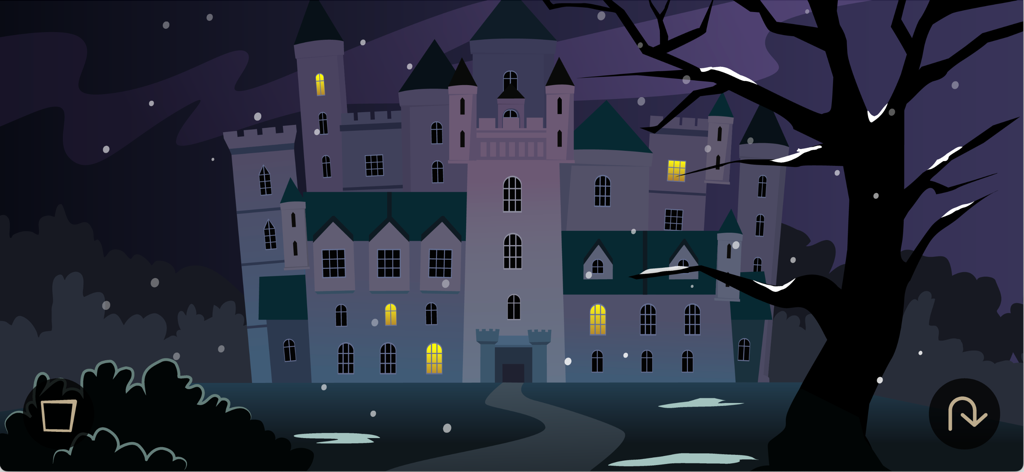 Castelo gótico desenhado à mão à noite com janelas iluminadas e neve caindo.