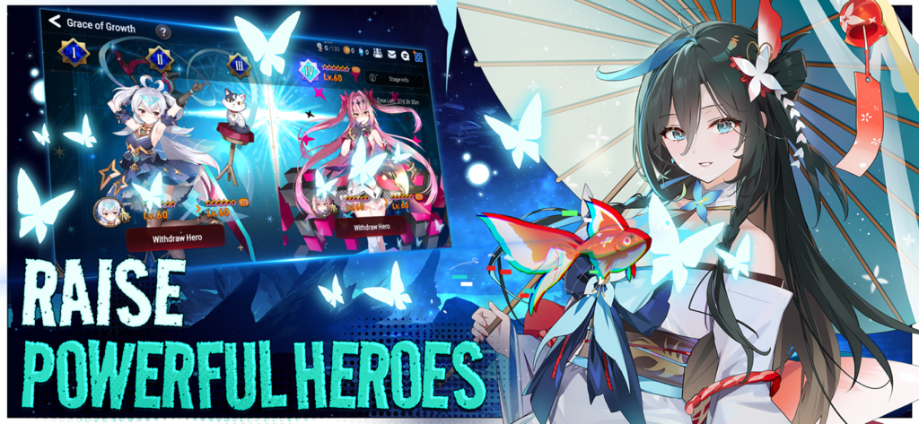 Epic Seven game screen showcasing anime character collection and growth features with the text Raise Powerful Heroes