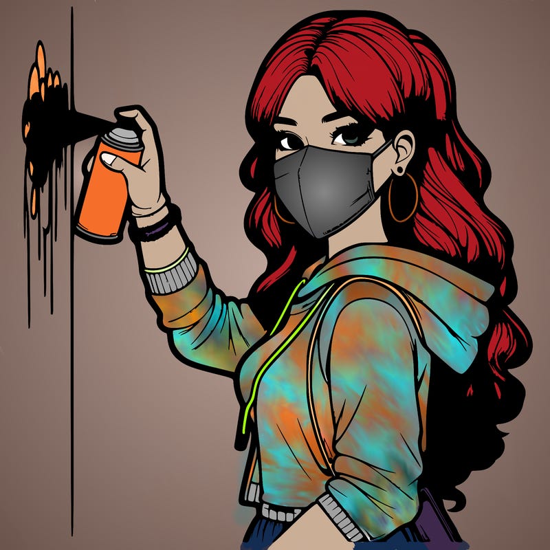 realistic girl with mask spray painting a wall