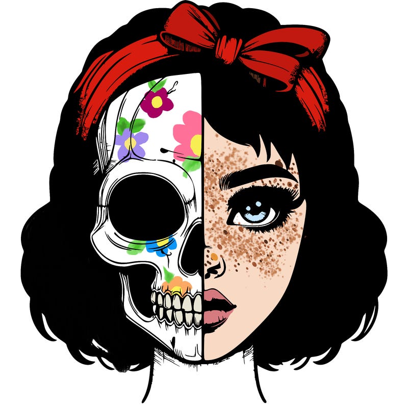 realistic girl with half skull mask