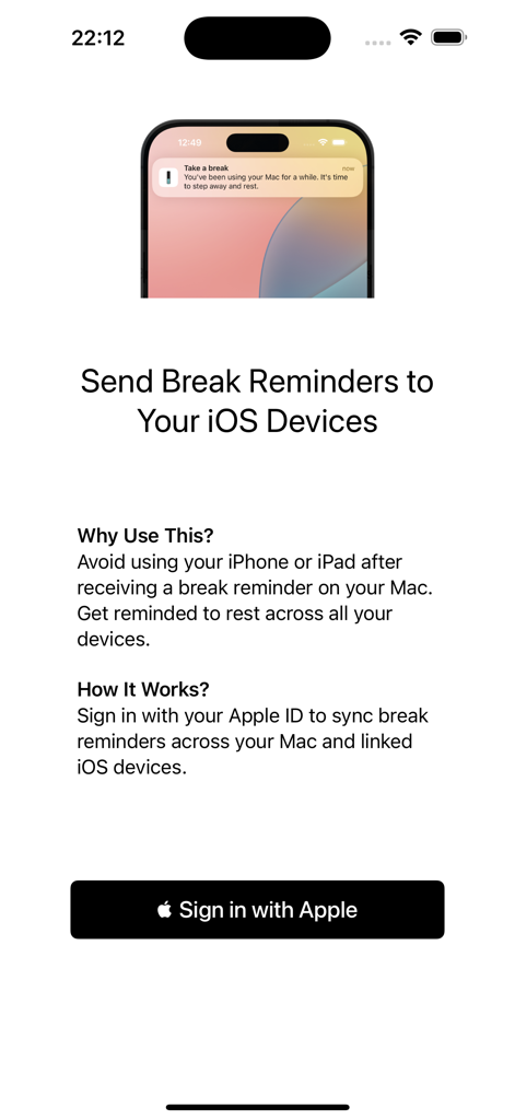 Eye Monitor - Break Reminders - Eye Monitor app interface showing how to sync break reminders to iOS devices with a Sign in with Apple button.