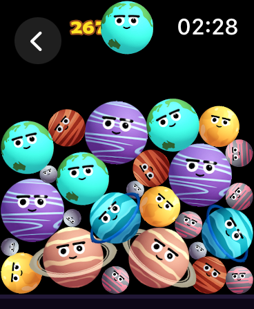 Watch Game Collection - Ein buntes Merge-Puzzle-Spiel mit Cartoon-Planeten mit Gesichtern auf einem Apple Watch-Bildschirm.